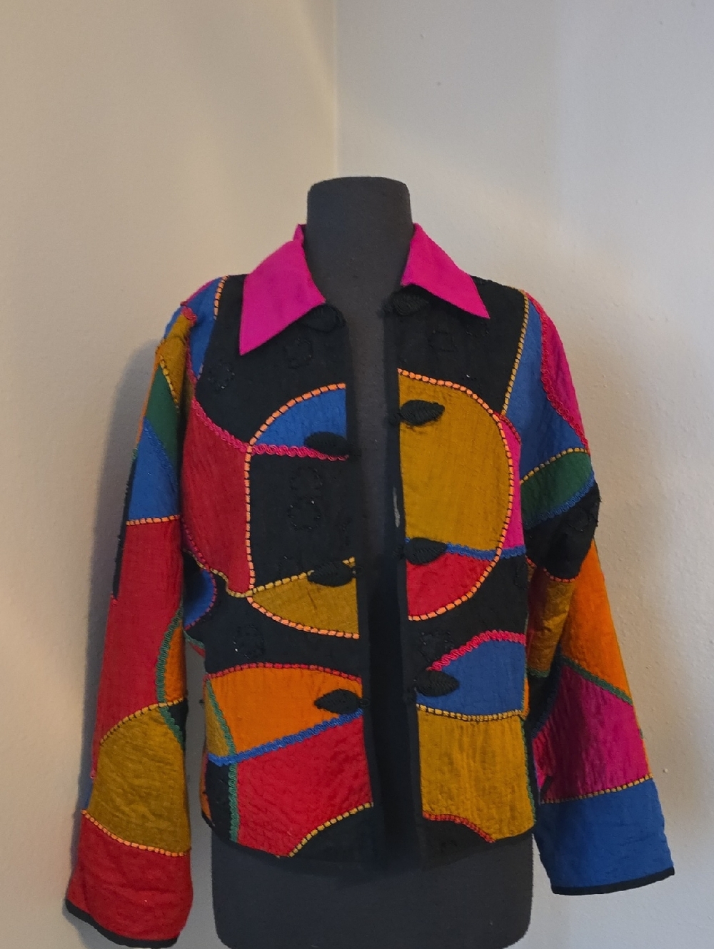 Anage Multicolor Patchwork Jean Jacket with Pink Collar